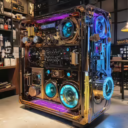 a large electronic device with several knobs and various color lights