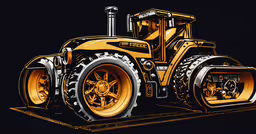 a yellow tractor sitting on top of a wooden platform,a yellow tractor parked in the dark