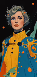 a woman in a yellow shirt and blue coat