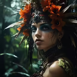 a beautiful girl with flower decorations is dressed in tribal fashion