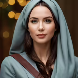 a woman in blue wearing a green robe