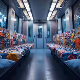 a row of small beds with sheets down and colorful shirts on them