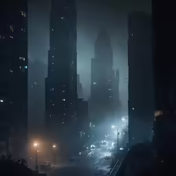 city at night lit up by headlights and fog