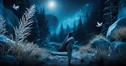 an artistic painting shows a person walking towards a large open - air area