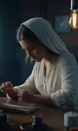 a woman with a hood over her head is reading