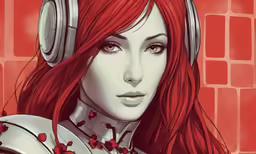 a woman with headphones and red hair