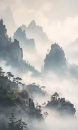 a mountain and trees covered with mist under a cloudy sky