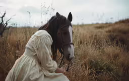 a woman in a white dress sitting next to a brown horse