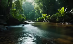 a small stream running through a lush green jungle