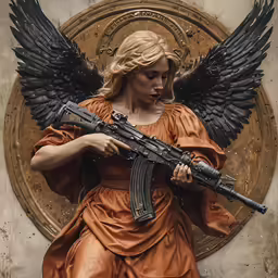 an angel with a gun standing next to a plaque