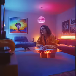 a person sitting on a table in a room with colorful lights