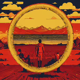 an orange and yellow poster that is on display,a painting of a man standing inside of a circle