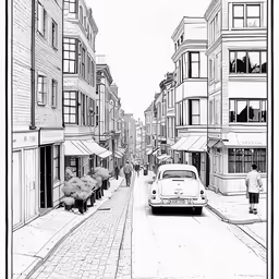 a black and white drawing of a city street