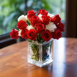 there is a vase that has several roses in it