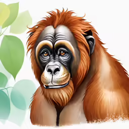 a monkey with an orange - colored beard and green leaves