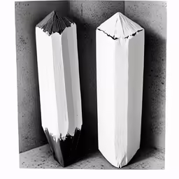two sculptures are sitting side by side against a wall