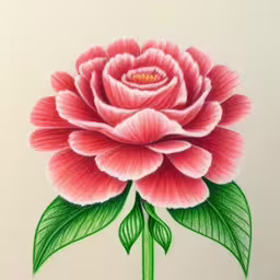 a drawing of a large pink rose with green leaves,a drawing of a red flower with green leaves,an image of a flower drawing on paper,a painting of a pink rose with leaves on it,an image of a pink flower with green leaves