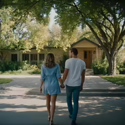 a man and woman are walking toward a house