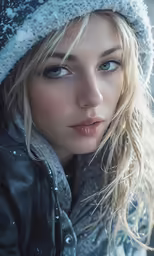 blonde woman wearing black coat with white cap