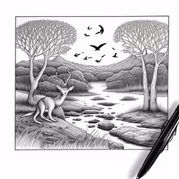 a pen drawing of a deer standing by the river,a drawing of a deer in a field near a river
