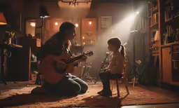 a woman sitting next to a little boy playing an acoustic guitar