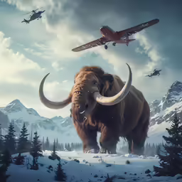 a mammoth, a plane, and two other airplanes in the sky