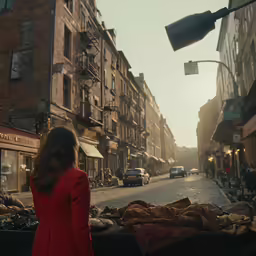 the woman is walking through an open city street