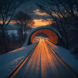 an empty tunnel road surrounded by trees with a bright light at the end
