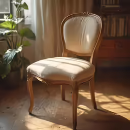 a wooden chair next to a window with curtains