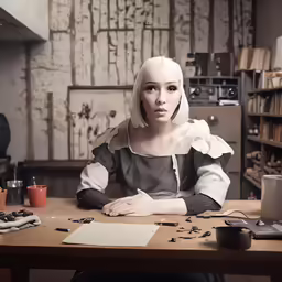 a woman is sitting at a table in the middle of an art studio