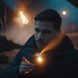 man holding a candle in front of him