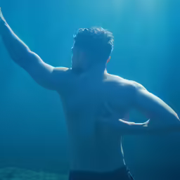 a male in trunks holding a frisbee under water