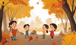 an animated scene of three kids playing with leaves