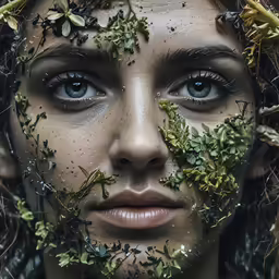a beautiful woman with a wreath on her head is looking at the camera