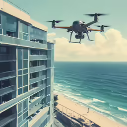 a city street with a view of the ocean and a flying vehicle