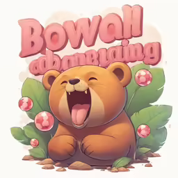 a teddy bear yawns next to some flowers and leaves