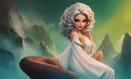 the woman is sitting on the rocks wearing a dress