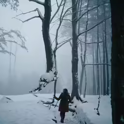 a woman hiking through a snowy forest in the woods