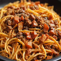 pasta with some meat and cheese in a pan