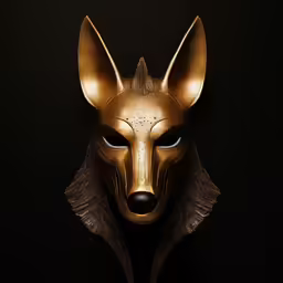 the face of a fox wearing gold is on a black background