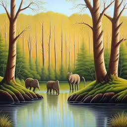 painting depicting elephants and sheep drinking water,an painting shows elephants crossing a river and trees,a painting of elephants in a forest with water,a painting of animals in the middle of a river,a painting of a group of wild animals near a stream