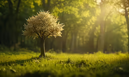 a tree with white flowers in it stands alone in a green forest