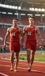 two men running on a track during the day