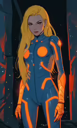 a female superhero with orange glowing colors on her chest and arms