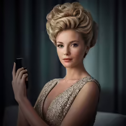 a beautiful blonde lady holding a smart phone