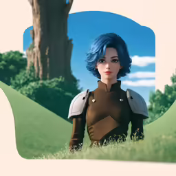 this is a digital art of a woman with blue hair in a scific suit