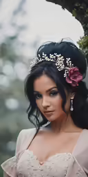 woman in a pink gown and flowered headpiece