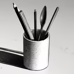 there are several utensils in the cup on the counter
