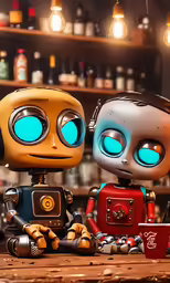 two robot toys sit on a wooden table
