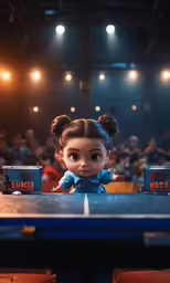 an animated doll sits at a table in front of a group of spectators
